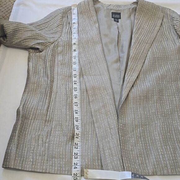 EILEEN FISHER SILK PLEATED STAND COLLAR CRINKLE 3/4 SLEEVES OPEN JACKET SZ L - Picture 6 of 9